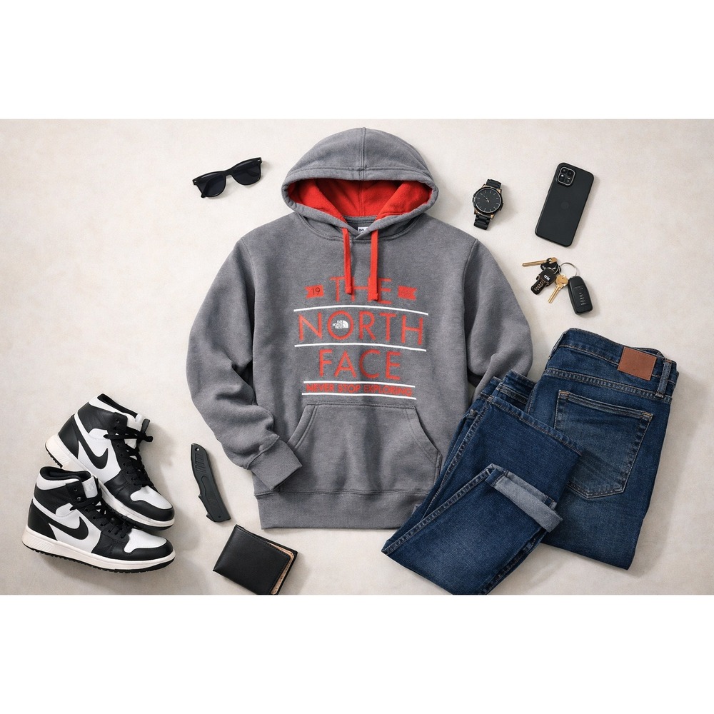 The North‎ Face Mens Graphic Pullover Hoodie Gray Orange Small NF0A3X6C